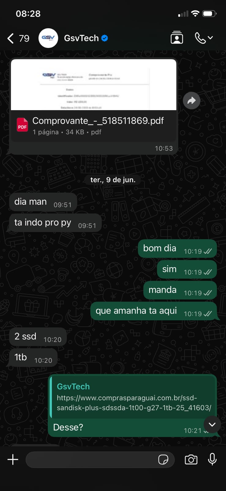 Fornecedor GsvTech enviando comprovante e cotação de SSD