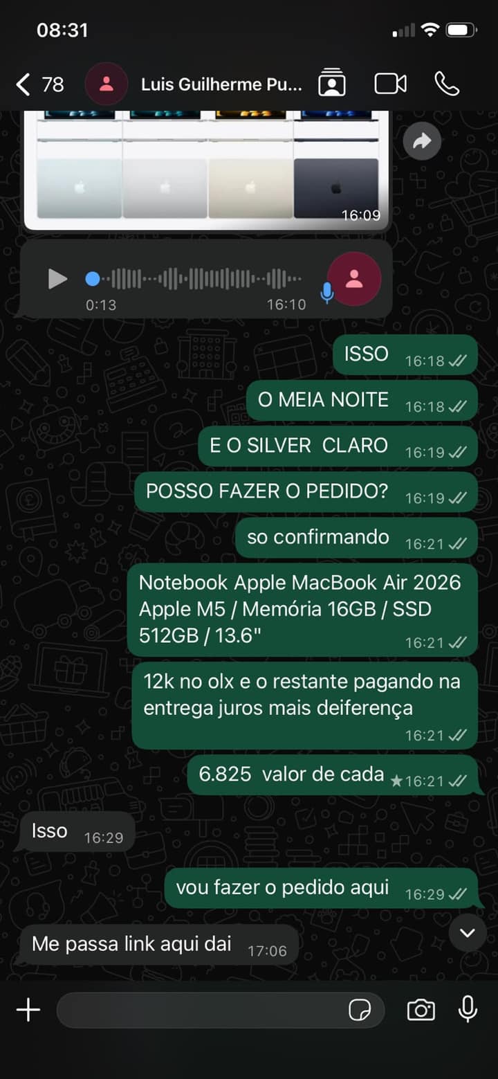 Pedido de MacBook Air fechado via WhatsApp