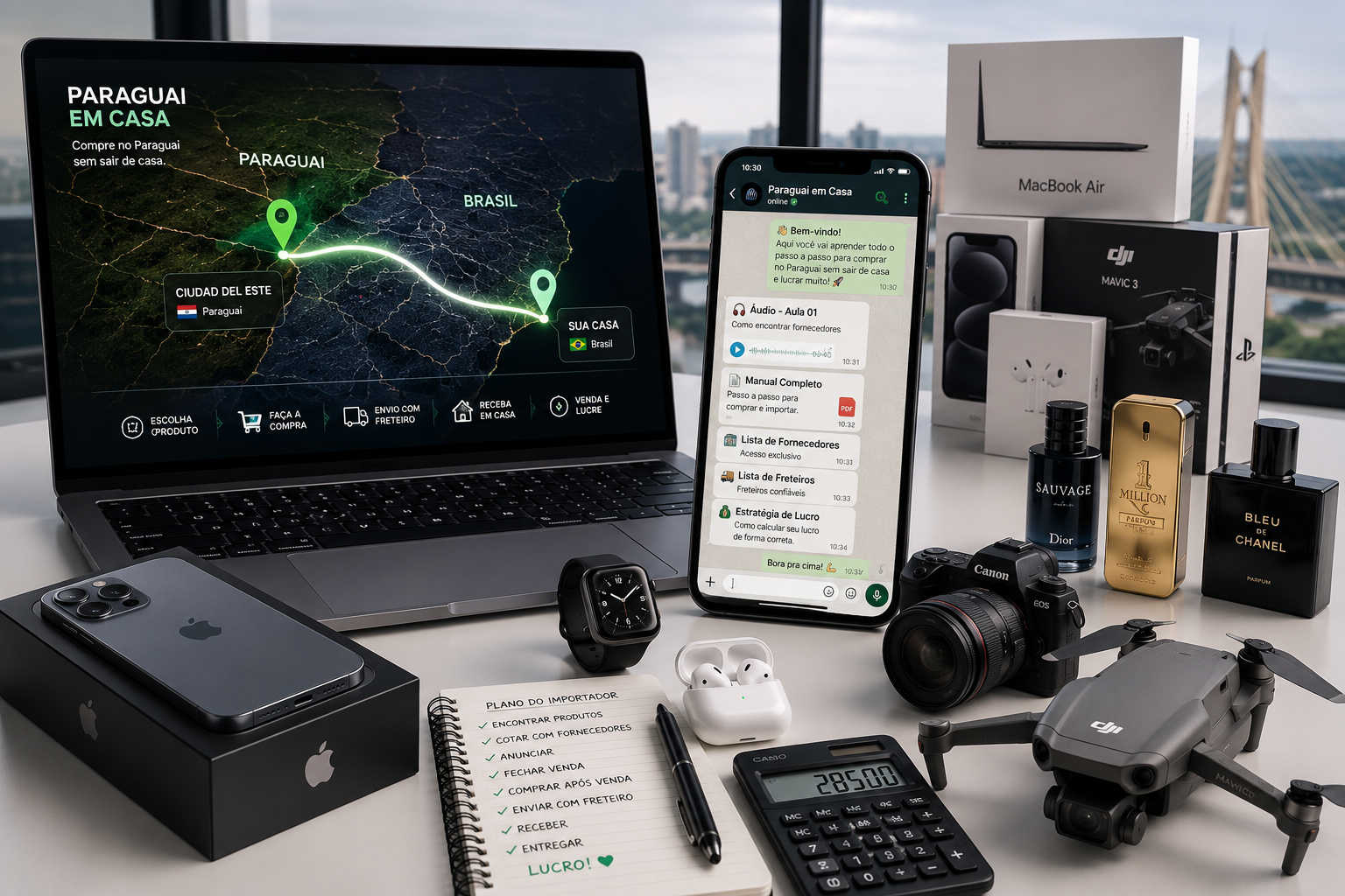 Notebook com o mapa Paraguai → Brasil, celular com o treinamento no WhatsApp e produtos importados sobre a mesa